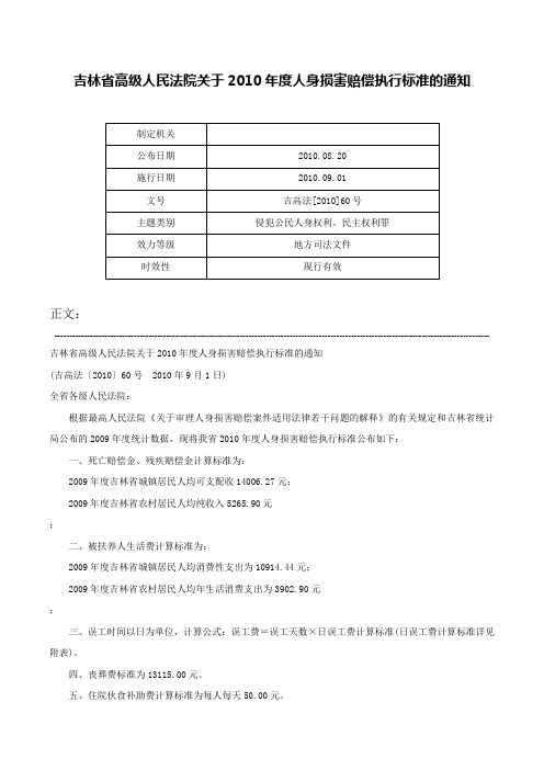 吉林省高级人民法院关于2010年度人身损害赔偿执行标准的通知-吉高法[2010]60号