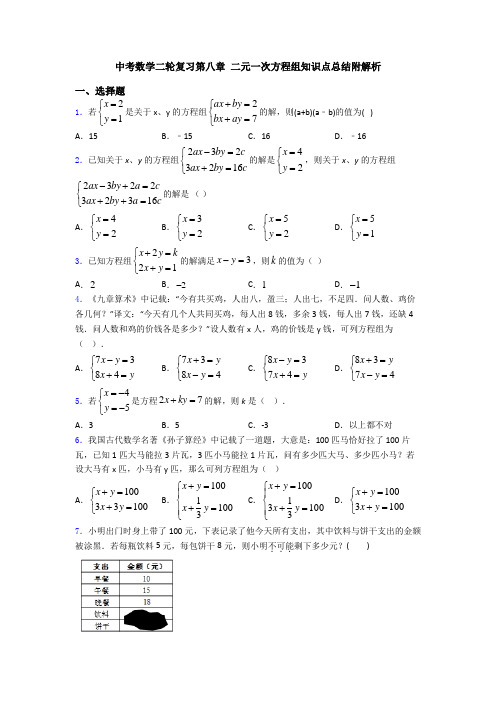 中考数学二轮复习第八章 二元一次方程组知识点总结附解析