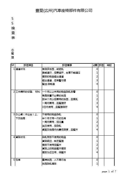 汽车座椅部件 公司 S检查表 现场诊断用