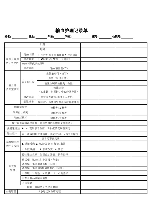 输血护理记录单