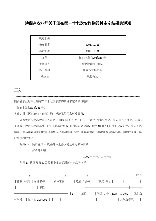 陕西省农业厅关于颁布第三十七次农作物品种审定结果的通知-陕农业发[2005]258号