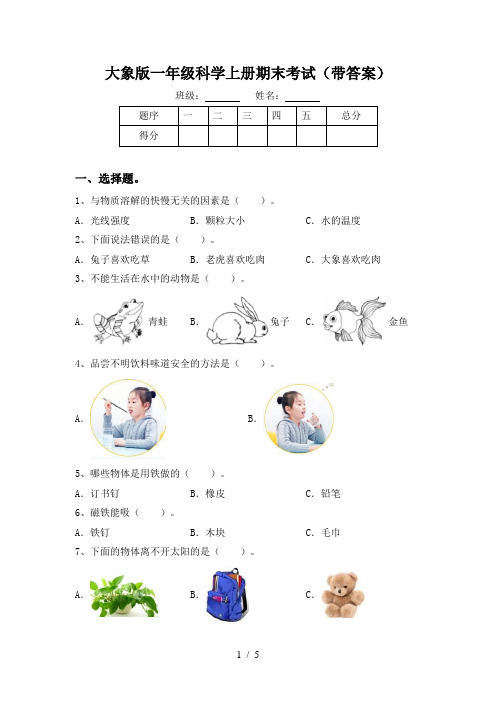 大象版一年级科学上册期末考试(带答案)