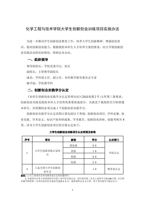 化学工程与技术学院大学生创新创业训练项目实施办法