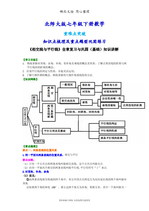 北师大版七年级下册数学[《相交线与平行线》全章复习与巩固(基础)知识点整理及重点题型梳理]