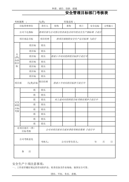 安全管理目标部门考核表模板