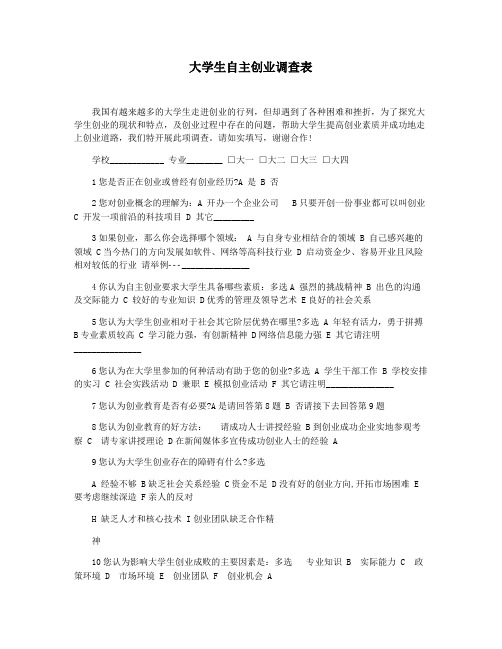 大学生自主创业调查表