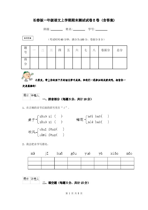 长春版一年级语文上学期期末测试试卷E卷 (含答案)