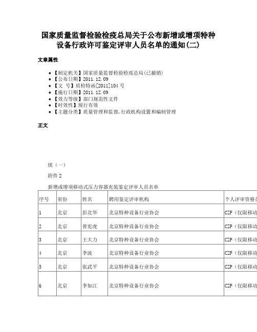 国家质量监督检验检疫总局关于公布新增或增项特种设备行政许可鉴定评审人员名单的通知(二)