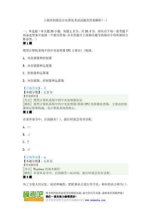 上海省初级会计电算化考试试题及答案解析(一)