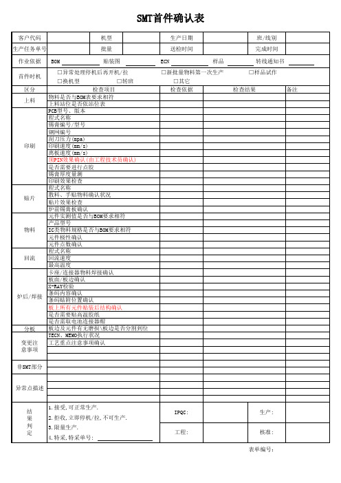 SMT首件确认表