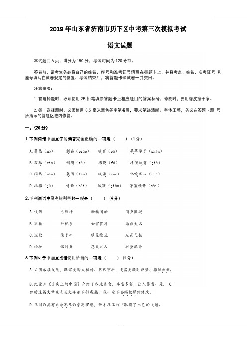 2019年山东省济南市历下区2019年中考第三次模拟考试语文试题含答案