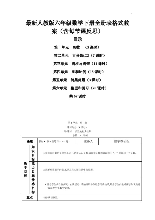 2018年上期最新人教版六年级数学下册全册表格式教案(含每节课反思)