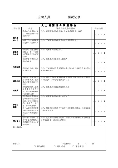 应聘人员面试记录