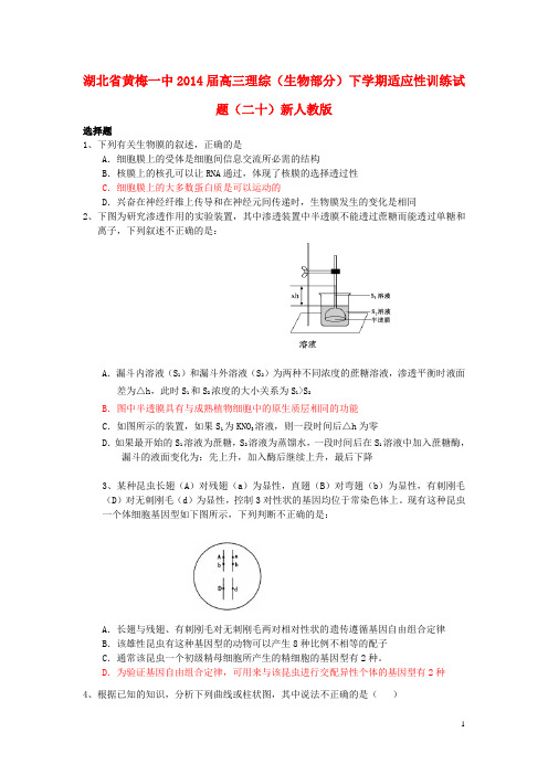 湖北省黄梅一中2014届高三理综(生物部分)下学期适应性训练试题(二十)新人教版