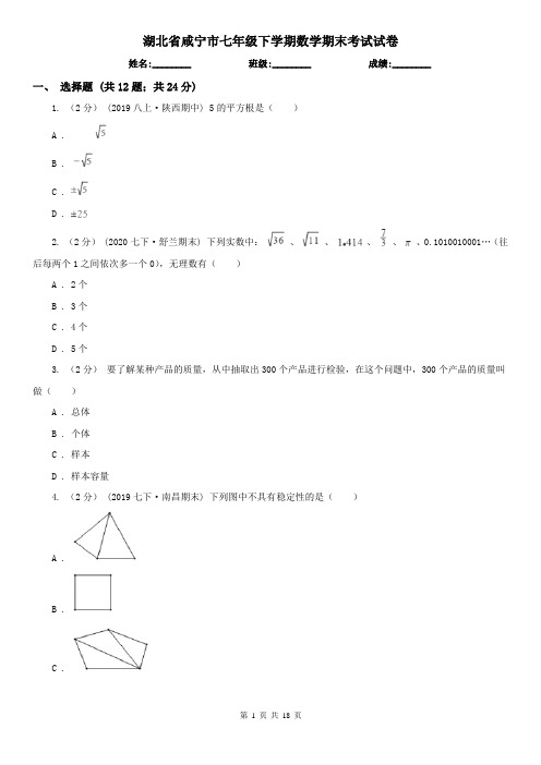 湖北省咸宁市七年级下学期数学期末考试试卷