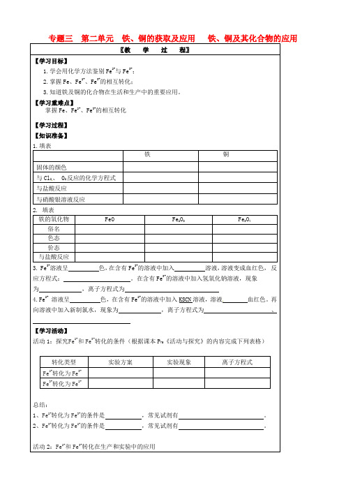 江苏省宝应县画川高级中学高中化学 专题3 第2单元《铁、铜的获取及应用 铁、铜及其化合物的应用》导学案(