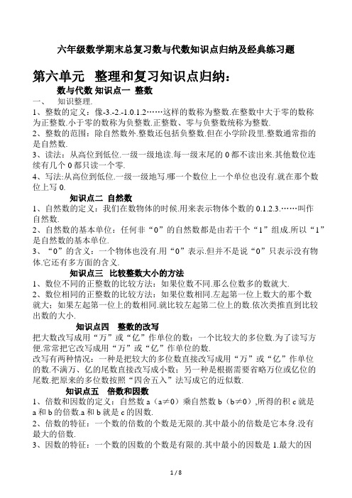 六年级数学期末总复习数与代数知识点归纳及经典练习题