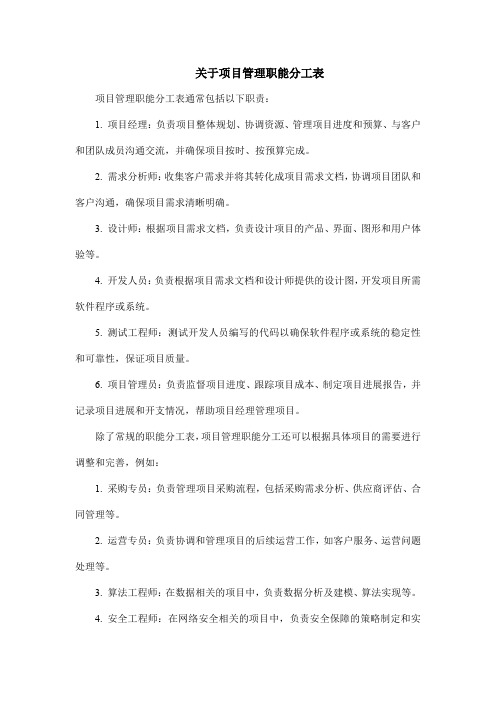 关于项目管理职能分工表