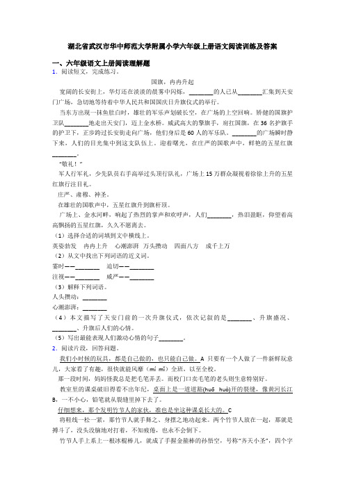 湖北省武汉市华中师范大学附属小学六年级上册语文阅读训练及答案