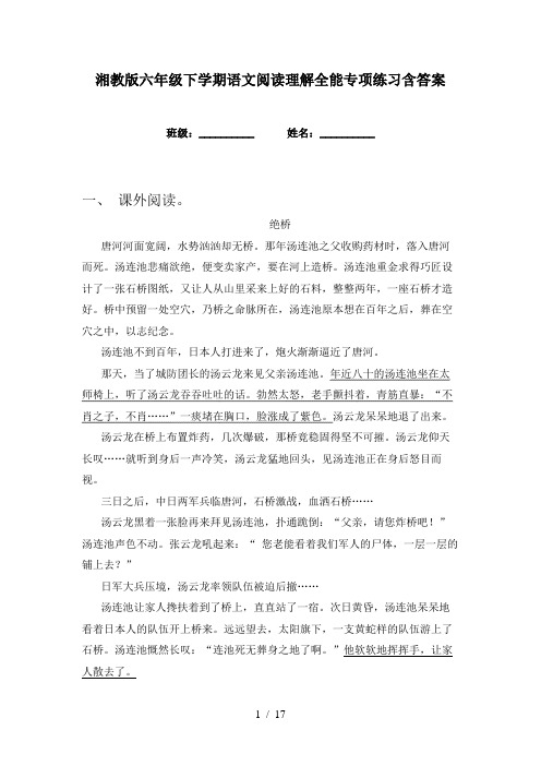 湘教版六年级下学期语文阅读理解全能专项练习含答案