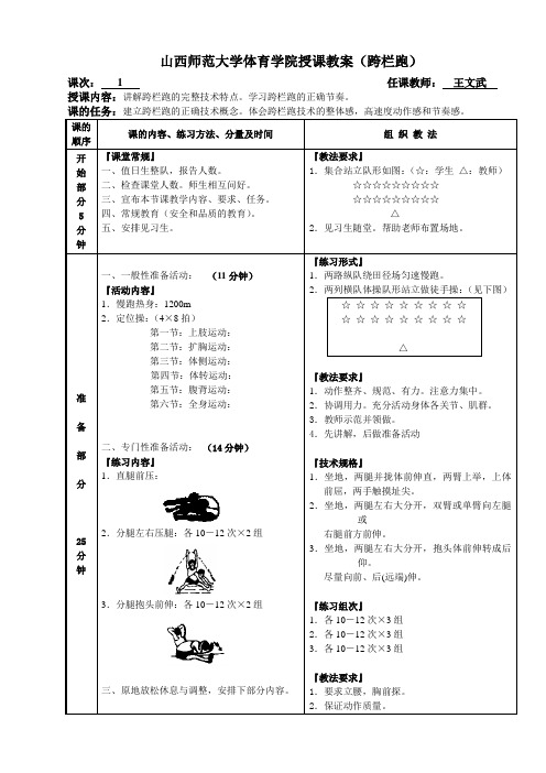 山西师范大学体育学院授课教案  精品 用(跨栏跑5次课+技术理论1次课)