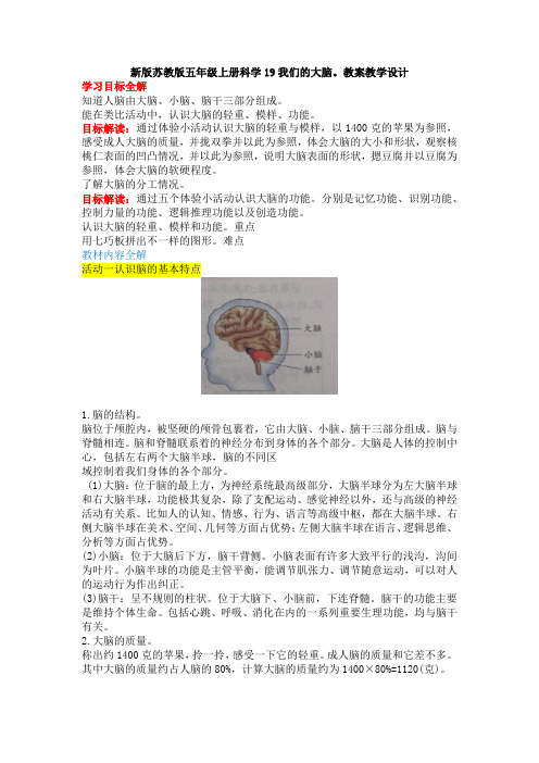 新版苏教版五年级上册科学19我们的大脑。教案教学设计