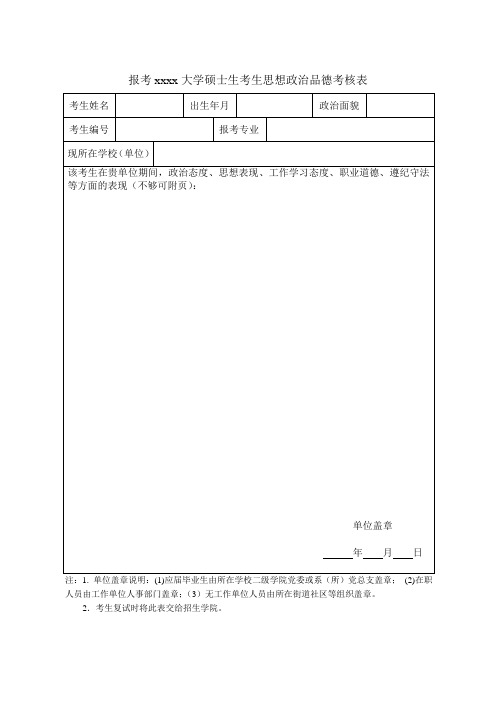 报考大学硕士生考生思想政治品德考核表模板