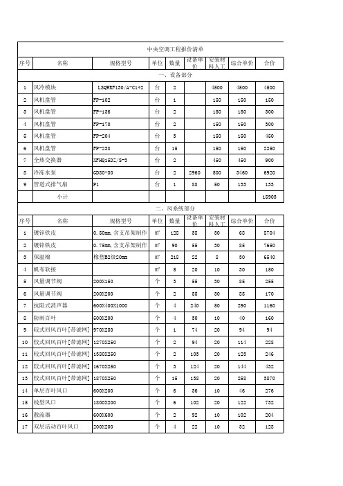 中央空调工程报价清单 施工队报价 