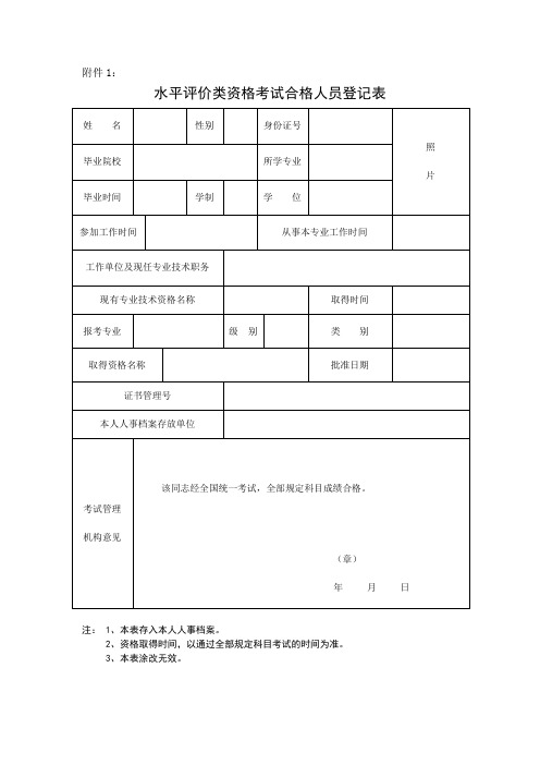 水平评价类资格考试合格人员登记表