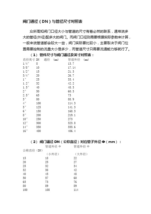 阀门通径（DN）与管径尺寸对照表