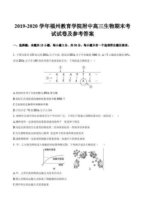 2019-2020学年福州教育学院附中高三生物期末考试试卷及参考答案