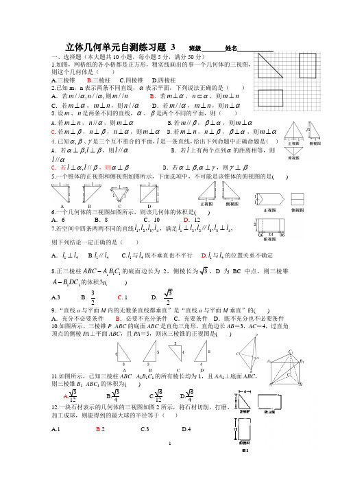 立体几何单元自测练习题 3