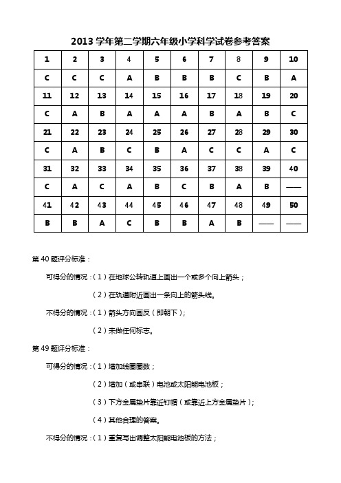 2013学年第二学期六年级小学科学试卷参考答案