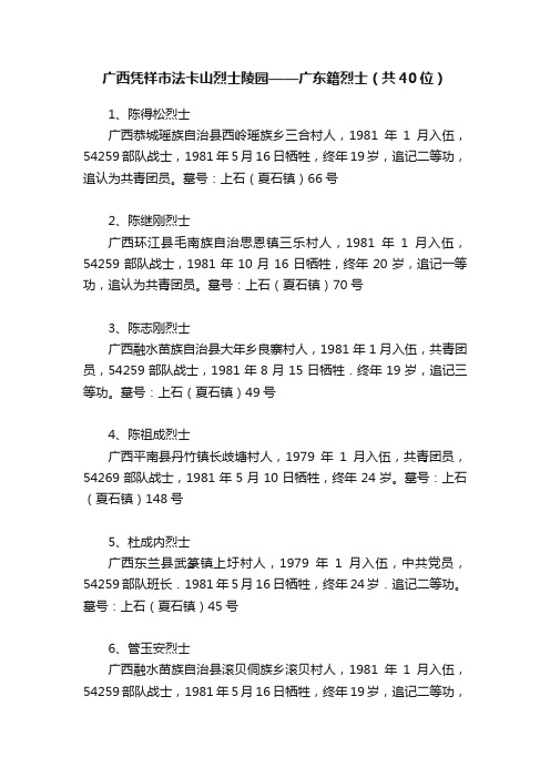 广西凭祥市法卡山烈士陵园——广东籍烈士（共40位）