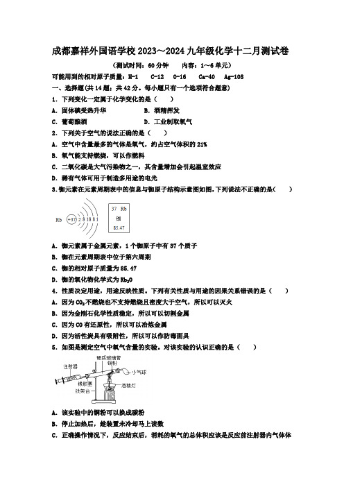 四川省成都市嘉祥外国语学校2023—2024学年九年级上学期十二月化学测试卷(含答案)