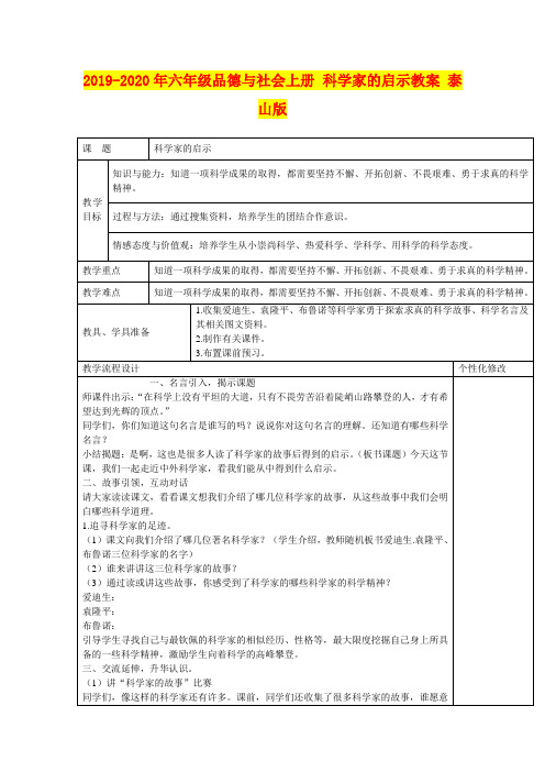 2019-2020年六年级品德与社会上册 科学家的启示教案 泰山版