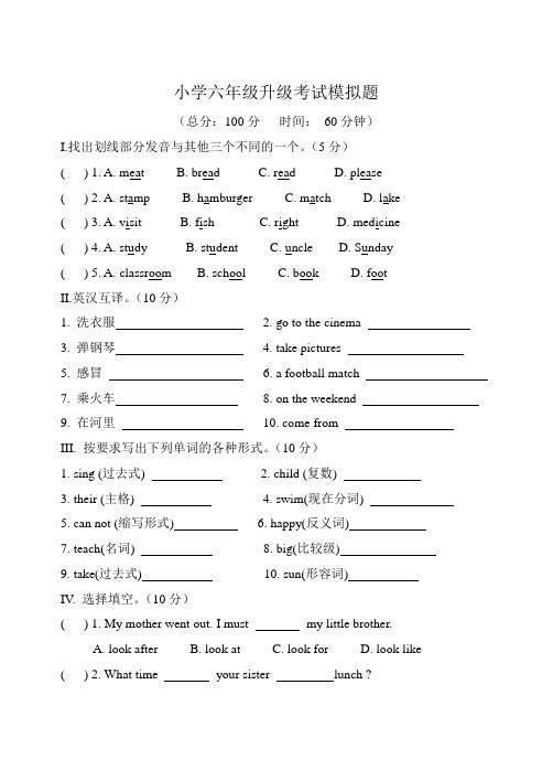 小学六年级英语升级考试模拟题