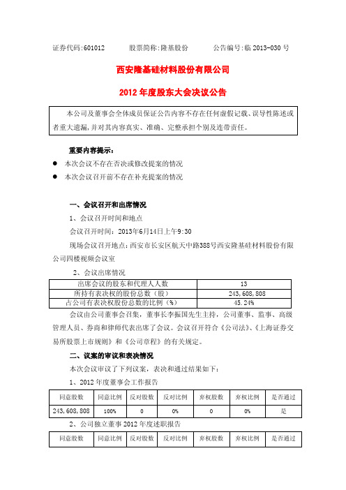 隆基股份2012年度股东大会决议公告