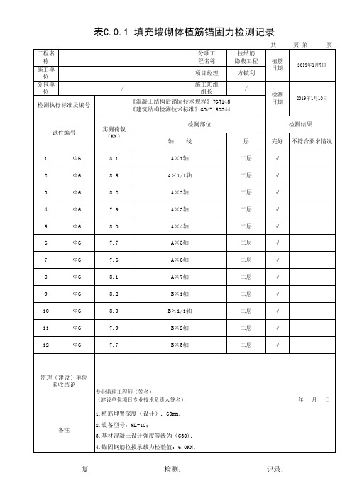 (墙体值筋)锚固力检测记录