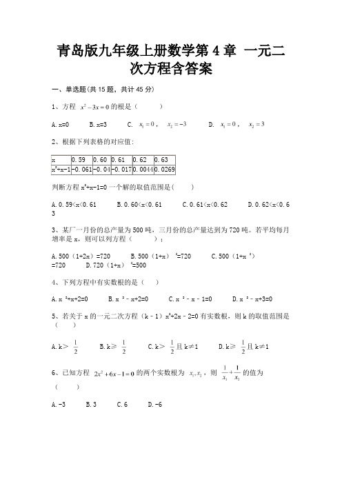 青岛版九年级上册数学第4章 一元二次方程含答案(配有卷)