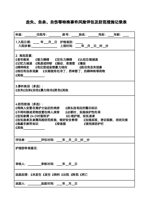 走失、自杀、自杀等特殊事件风险评估及防范措施记录表