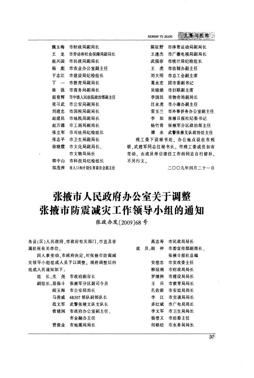 张掖市人民政府办公室关于调整张掖市防震减灾工作领导小组的通知