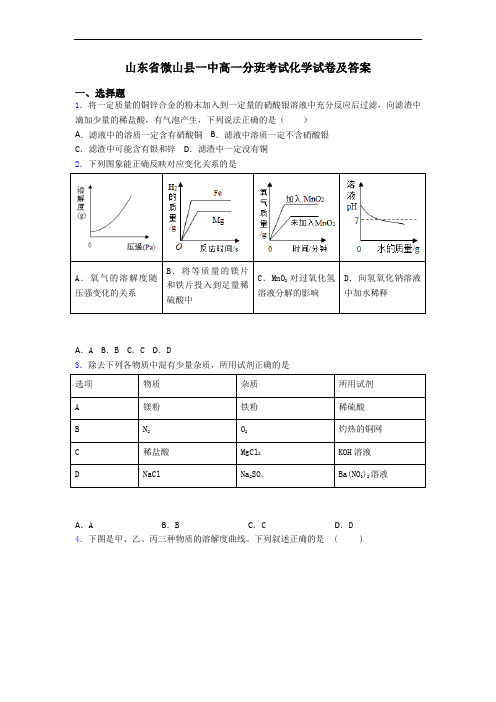 山东省微山县一中高一分班考试化学试卷及答案