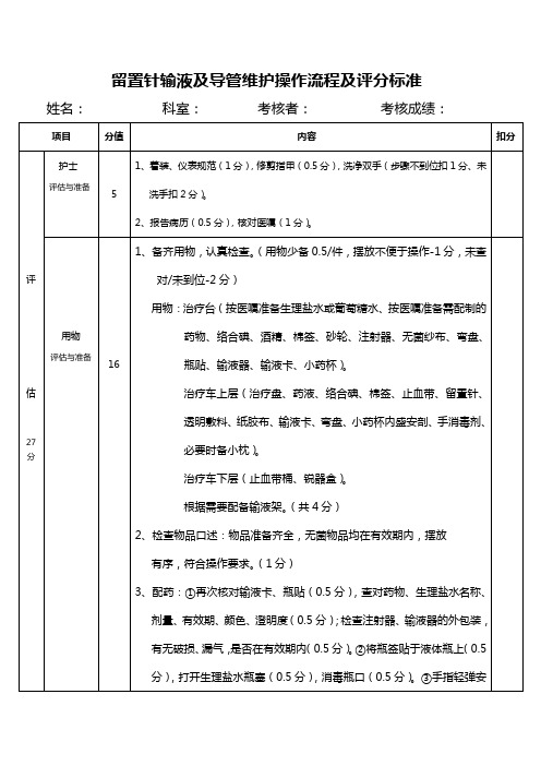 留置针输液及导管维护操作流程及评分标准