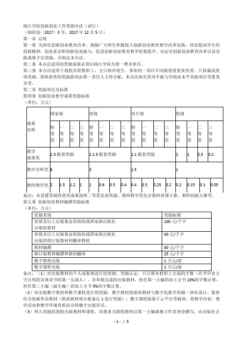 闽江学院创新创业工作奖励办法(试行)