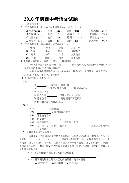 2010年陕西省中考语文试题及答案