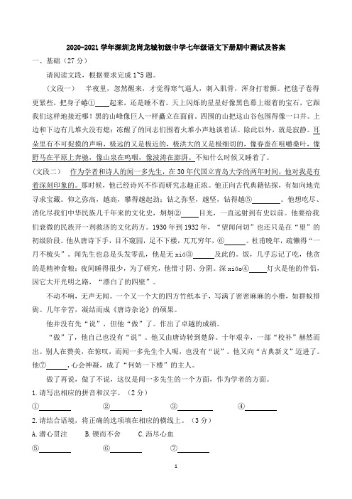 广东省深圳市龙岗龙城初级中学2020-2021学年七年级下学期期中测试语文试卷