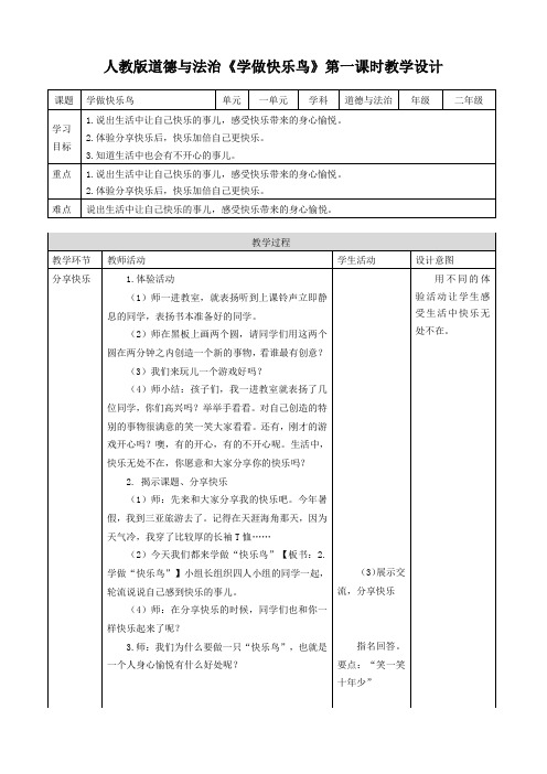 部编版二年级道德与法治下册第2课《学做快乐鸟》精品教案
