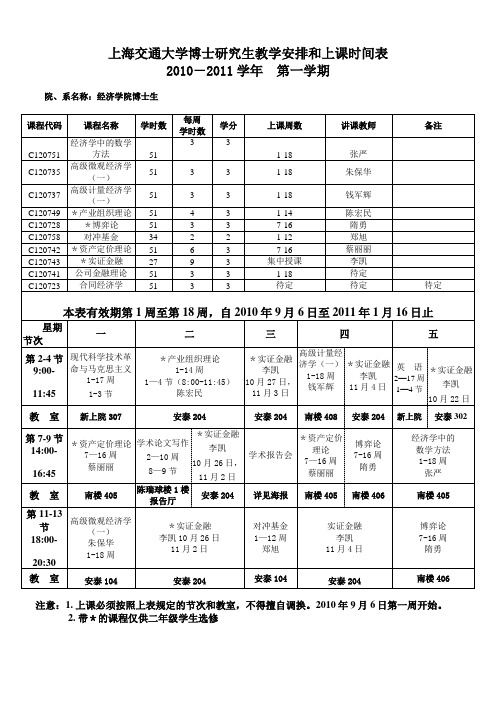 上海交通大学博士研究生教学安排和上课时间表