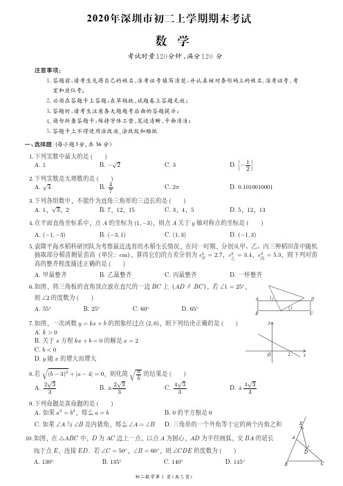 2020年深圳市八上期末数学试卷(附答案)